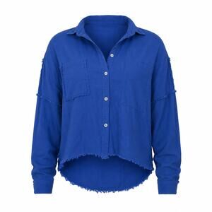 Aemi + Co Womens Raw Edge Button Up Shirt Blue Boho Top Small